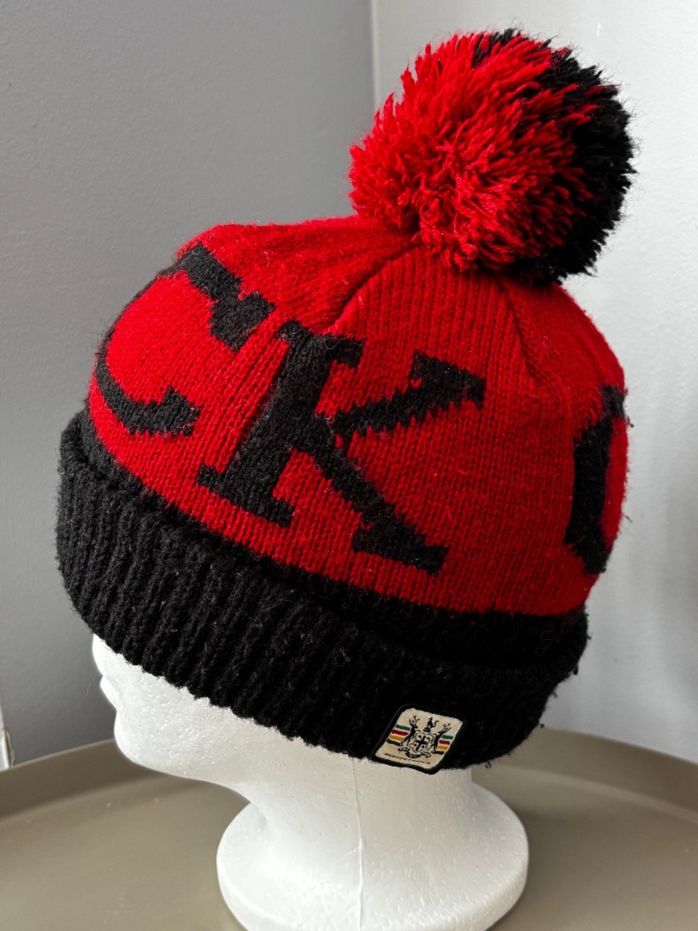 Hudson's Bay Company (HBC) Toddler Knit Beanie Hat – Red & Black with Pom-Pom